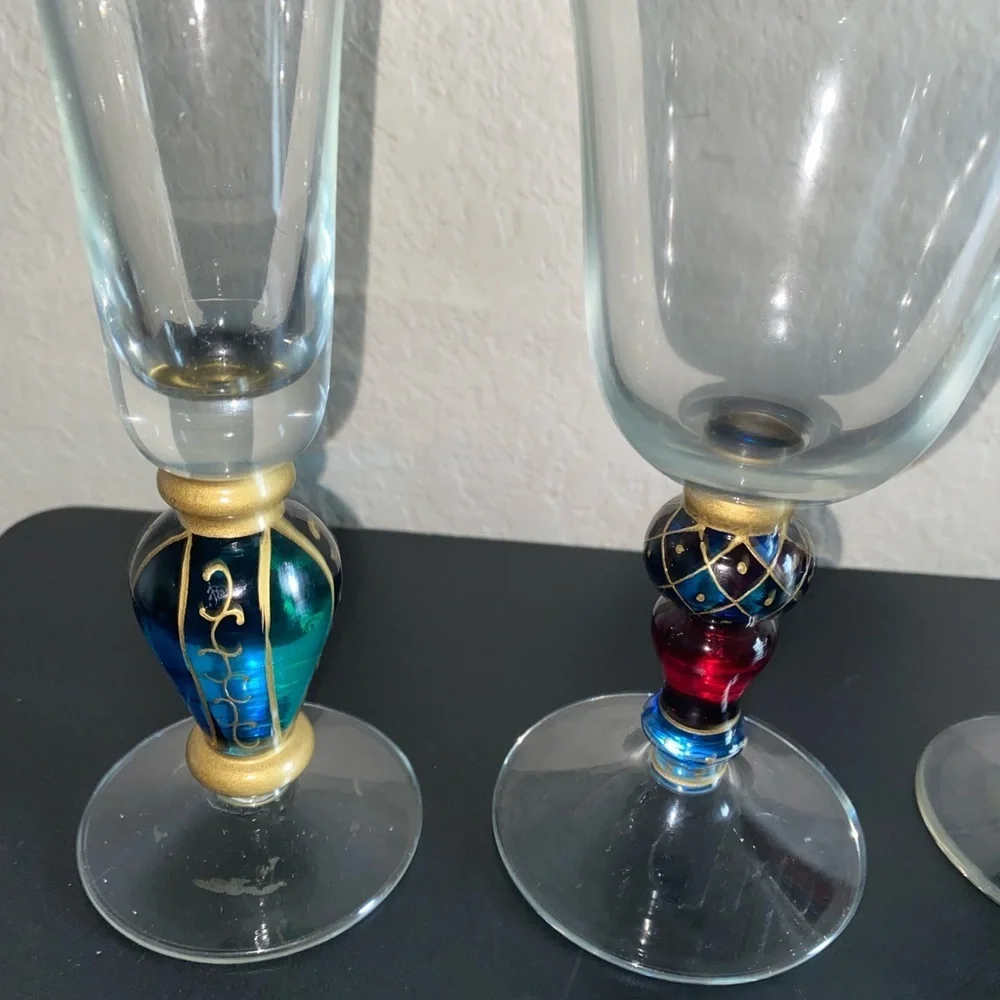 3 VTG Carnival Jeweled Dichroic Carnival MCM Champagne Flutes Multicolor Glasses